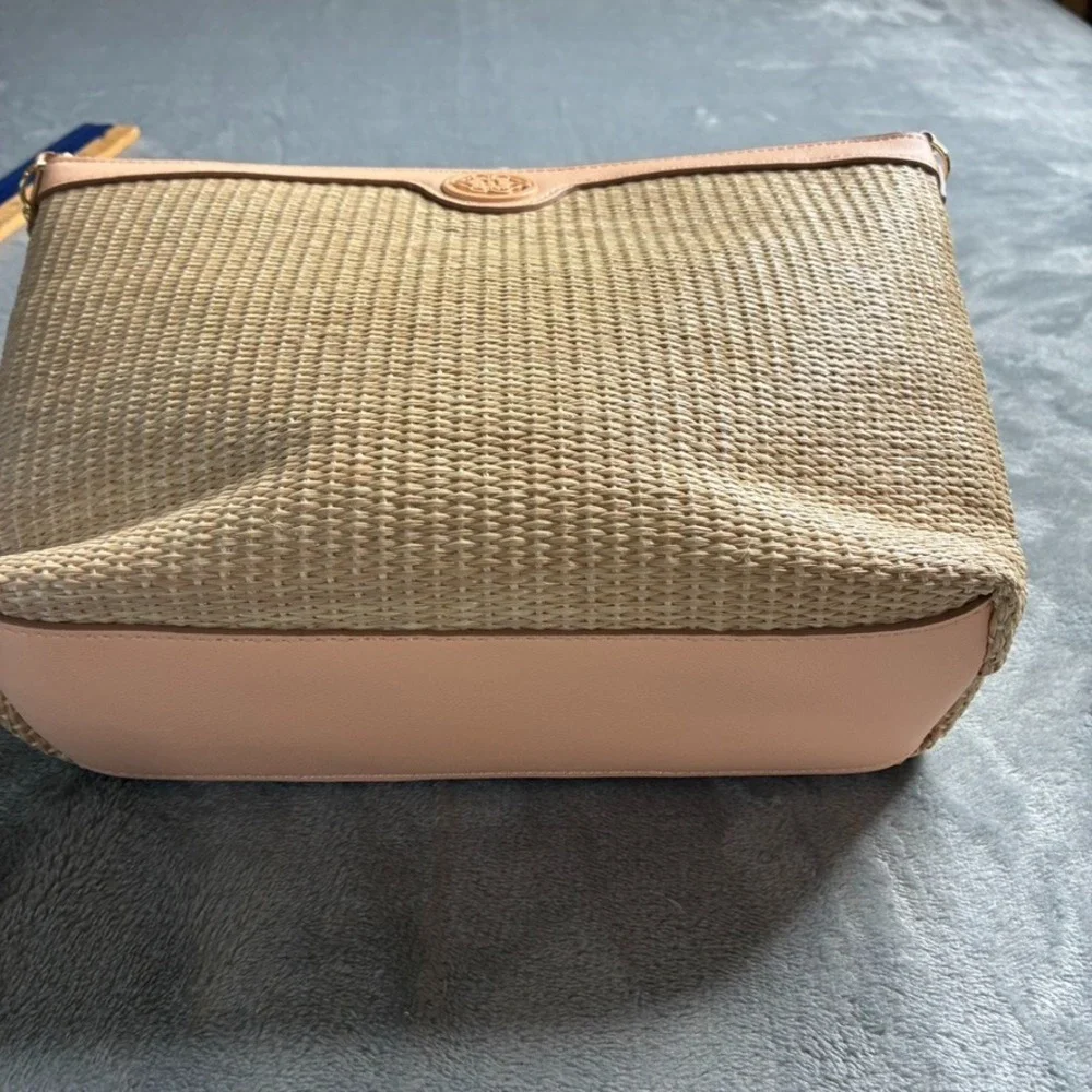 Nanette Lepore Woven Straw Vegan Leather Gold Chain Shoulder‎ Bag Classic Peach